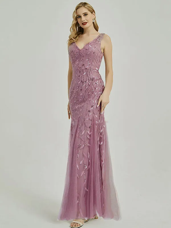 Emerald Green Leaves V-Neck Tulle Sequined Floor Length Formal Dress