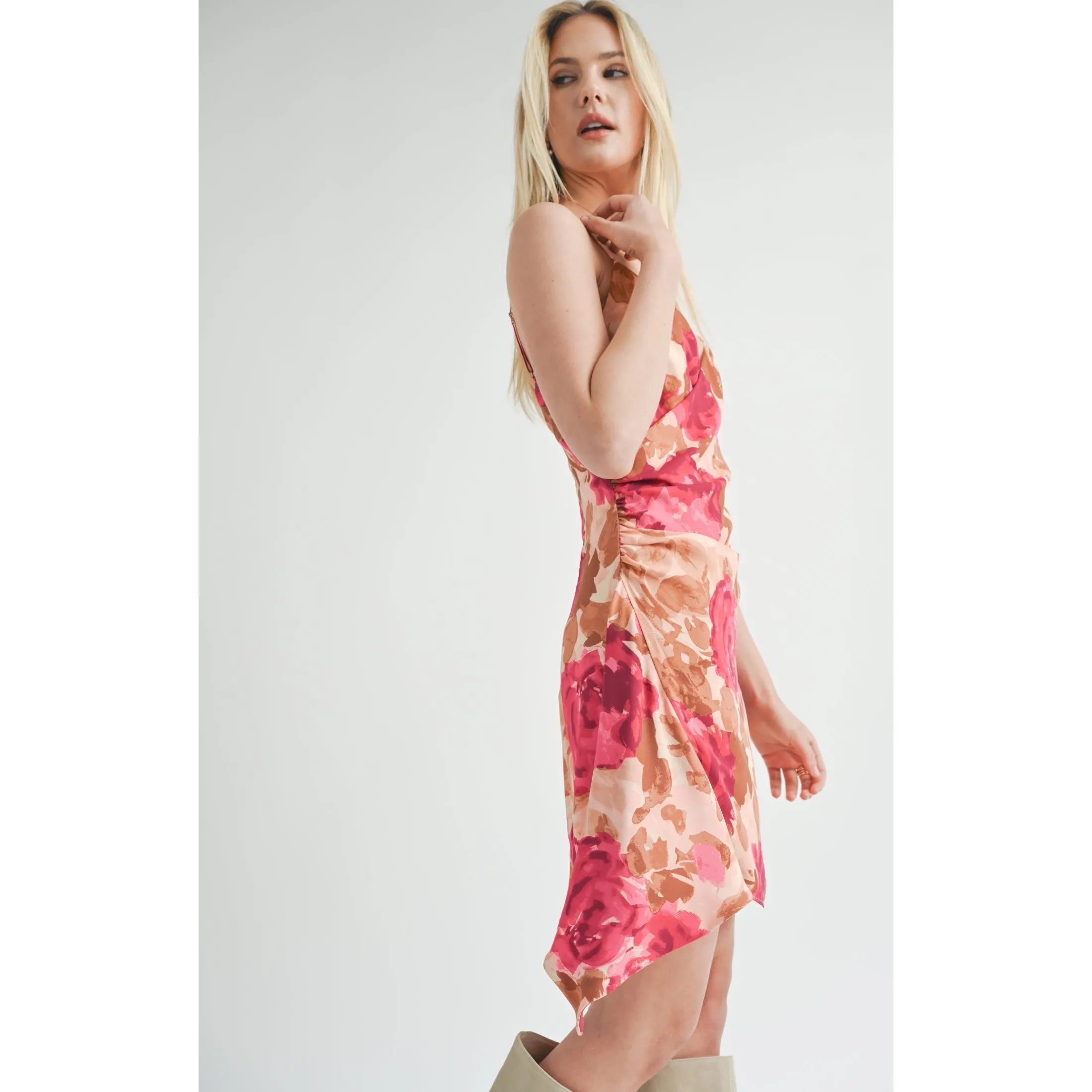 EMPOWERED SHIRRED ASYMMETRIC MINI DRESS
