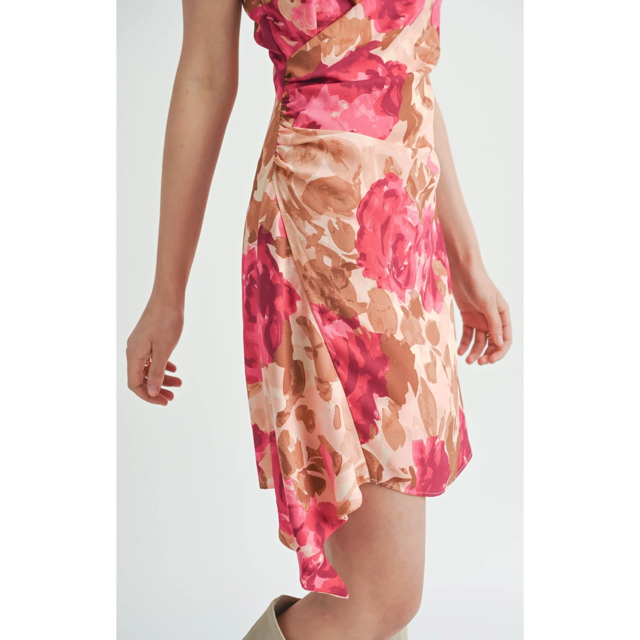 EMPOWERED SHIRRED ASYMMETRIC MINI DRESS