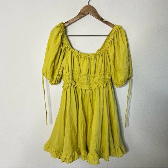 En Saison Yellow Babydoll Dress Tiered Puff Sleeve Womens Size S