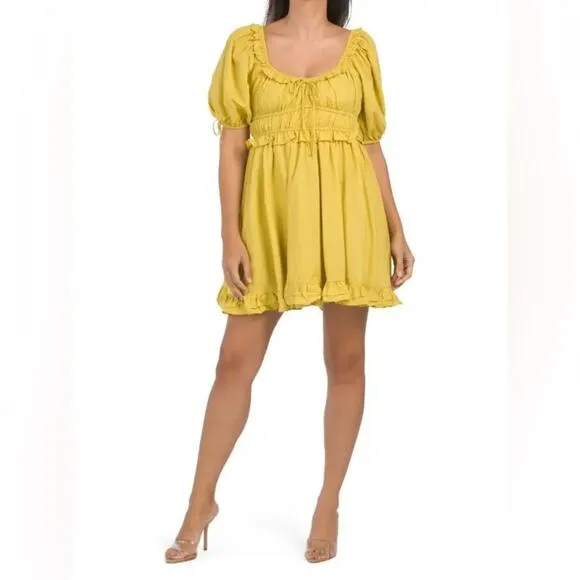 En Saison Yellow Babydoll Dress Tiered Puff Sleeve Womens Size S