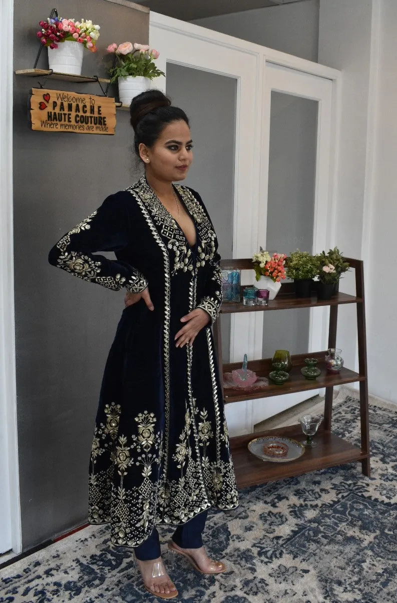 Entrancing Navy Blue color velvet suit with pant