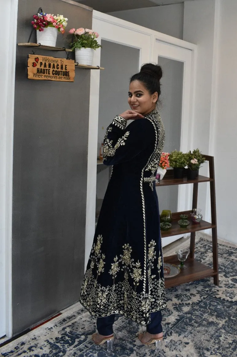 Entrancing Navy Blue color velvet suit with pant