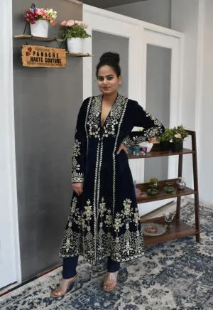 Entrancing Navy Blue color velvet suit with pant