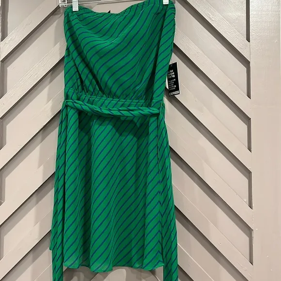 Express strapless belted royal blue and emerald green striped short dress M
