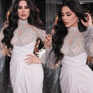 feather beaded evening dresses long sleeve high neck crystals white mermaid luxury sparkly formal dress