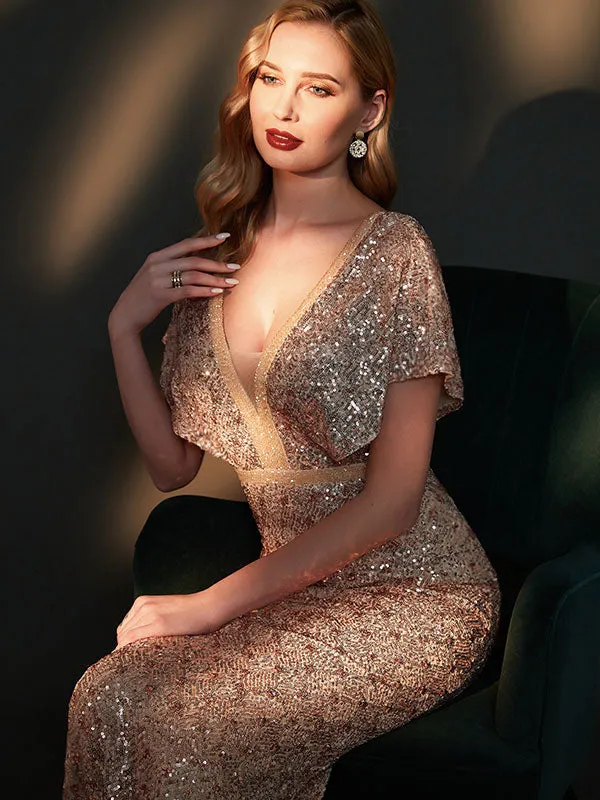 [Final Sale] Apricot Grey Batwing Sleeves Maxi Mermaid Formal Gown