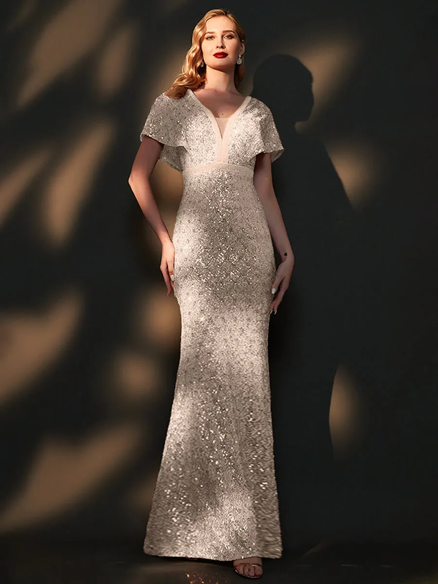 [Final Sale] Apricot Grey Batwing Sleeves Maxi Mermaid Formal Gown