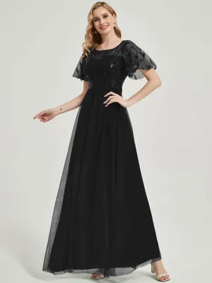 [Final Sale] Black Sheer Sleeve A-Line Floor Length Sequin Formal Dress For Brides