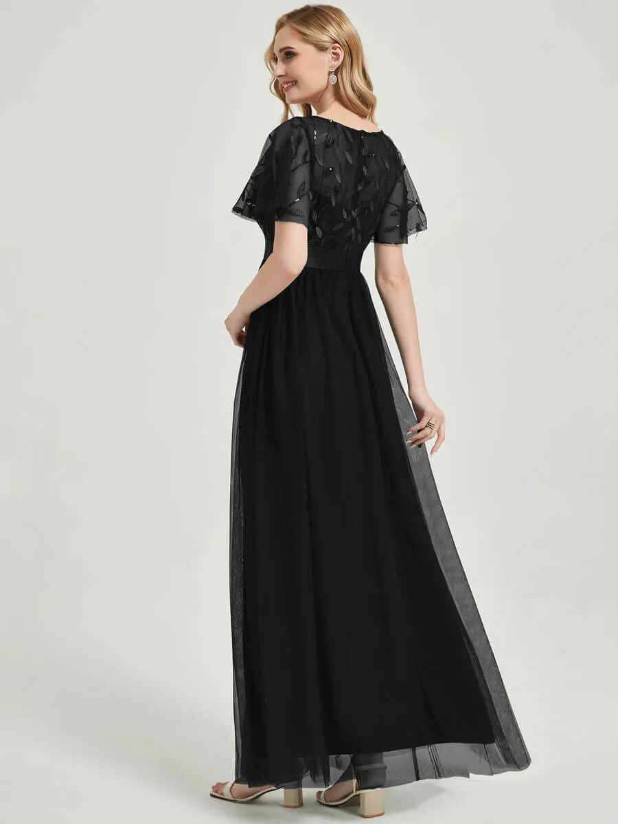 [Final Sale] Black Sheer Sleeve A-Line Floor Length Sequin Formal Dress For Brides
