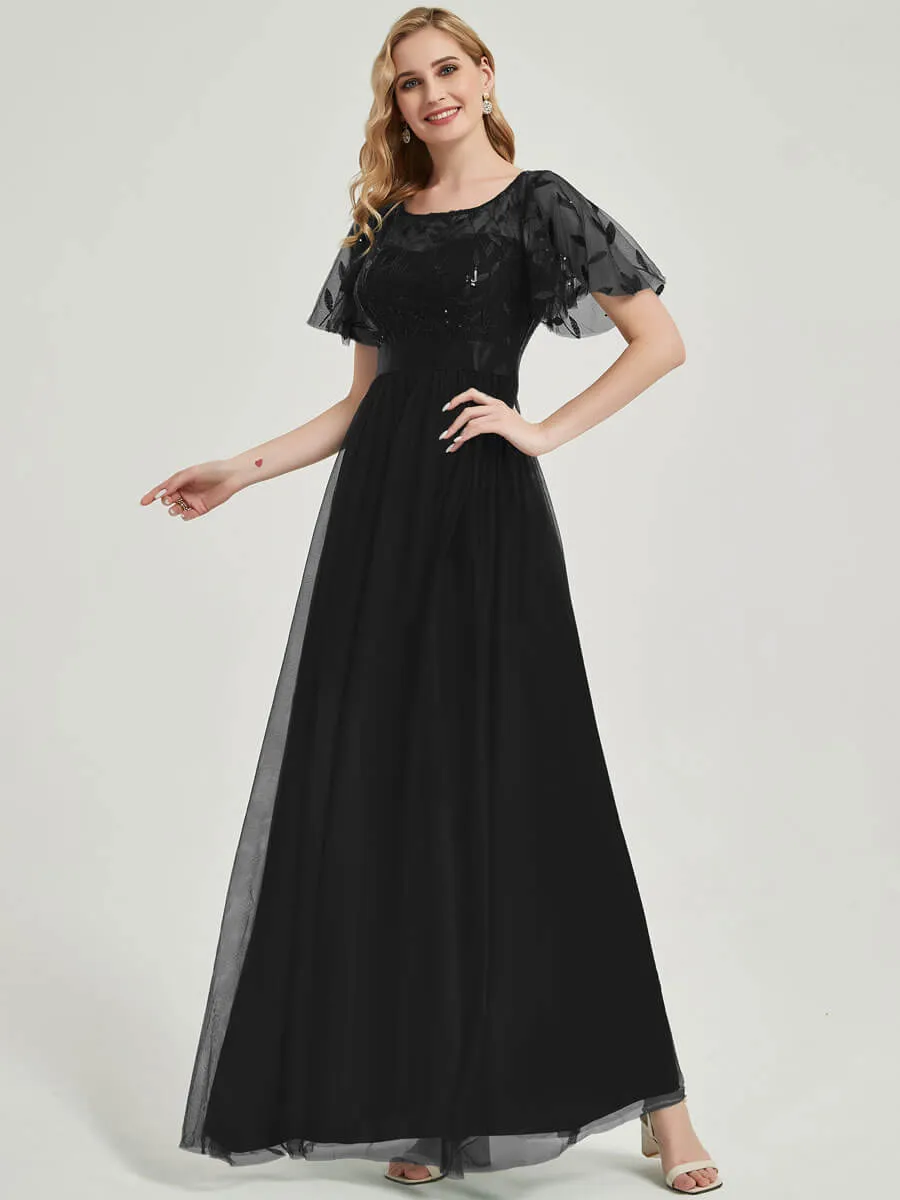 [Final Sale] Black Sheer Sleeve A-Line Floor Length Sequin Formal Dress For Brides