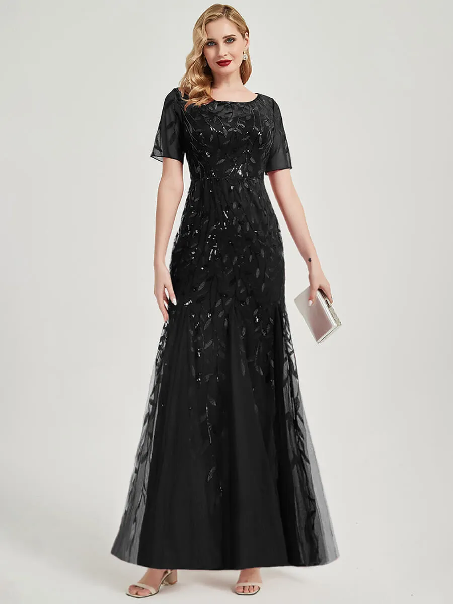 [Final Sale] Black Sheer Sleeves Floor Length Sequin Tulle Mermaid Evening Dresses