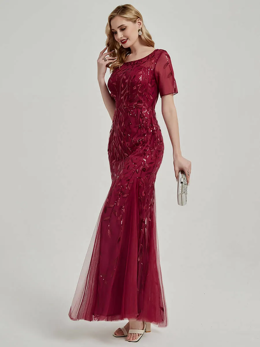 [Final Sale] Black Sheer Sleeves Floor Length Sequin Tulle Mermaid Evening Dresses