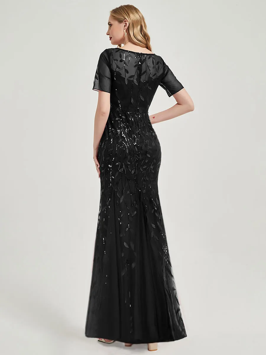 [Final Sale] Black Sheer Sleeves Floor Length Sequin Tulle Mermaid Evening Dresses