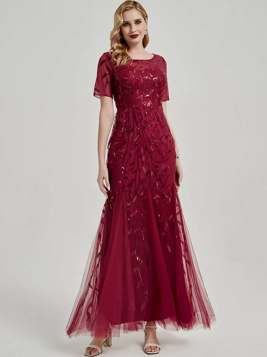 [Final Sale] Black Sheer Sleeves Floor Length Sequin Tulle Mermaid Evening Dresses