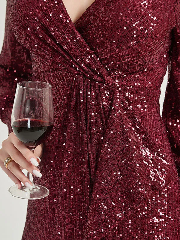 [Final Sale] Burgundy Sequin Long Sleeves Maxi Mermaid Evening Dress With Slit