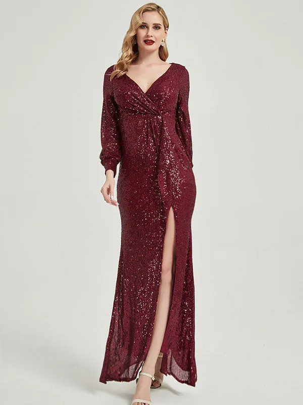 [Final Sale] Burgundy Sequin Long Sleeves Maxi Mermaid Evening Dress With Slit