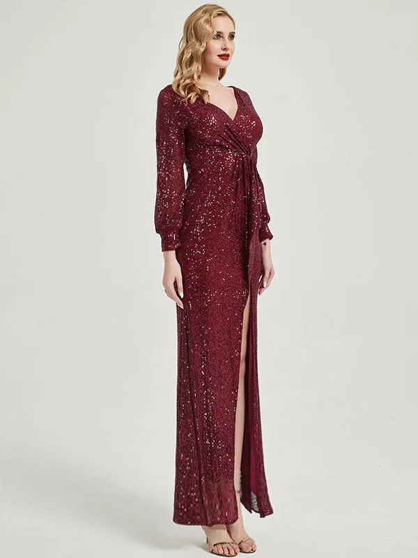 [Final Sale] Burgundy Sequin Long Sleeves Maxi Mermaid Evening Dress With Slit