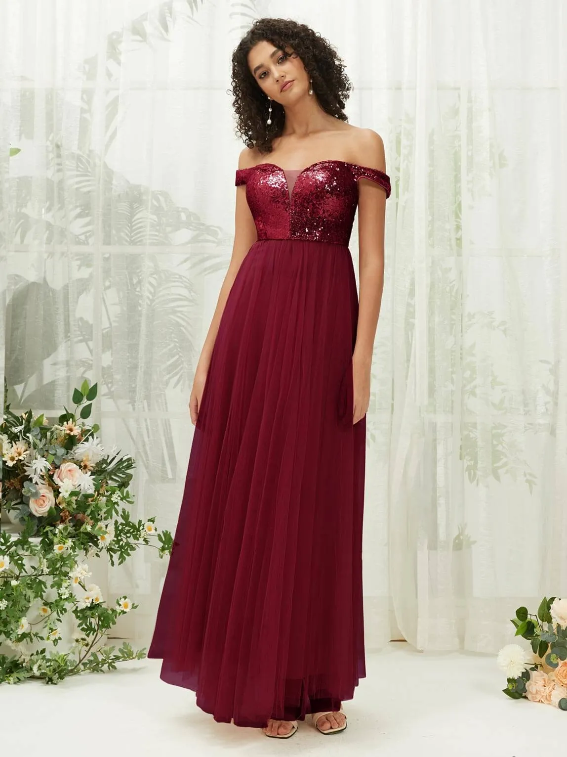 [Final Sale] Burgundy Sequin Tulle Off-Shoulder Maxi Flowy Bridesmaid Dress