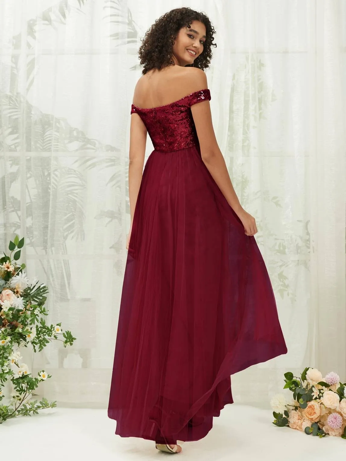 [Final Sale] Burgundy Sequin Tulle Off-Shoulder Maxi Flowy Bridesmaid Dress