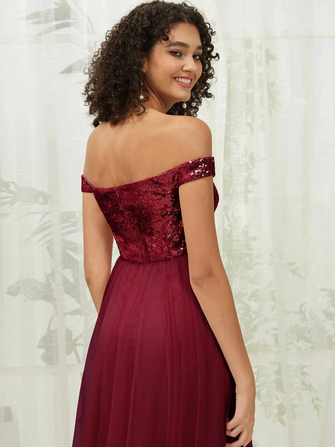 [Final Sale] Burgundy Sequin Tulle Off-Shoulder Maxi Flowy Bridesmaid Dress