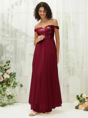 [Final Sale] Burgundy Sequin Tulle Off-Shoulder Maxi Flowy Bridesmaid Dress