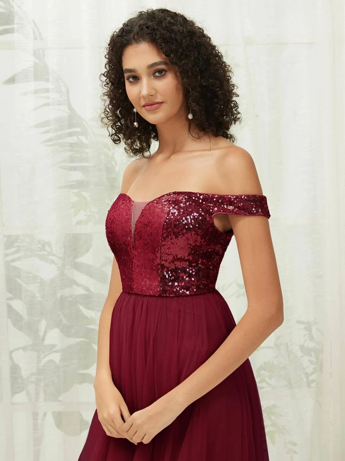 [Final Sale] Burgundy Sequin Tulle Off-Shoulder Maxi Flowy Bridesmaid Dress