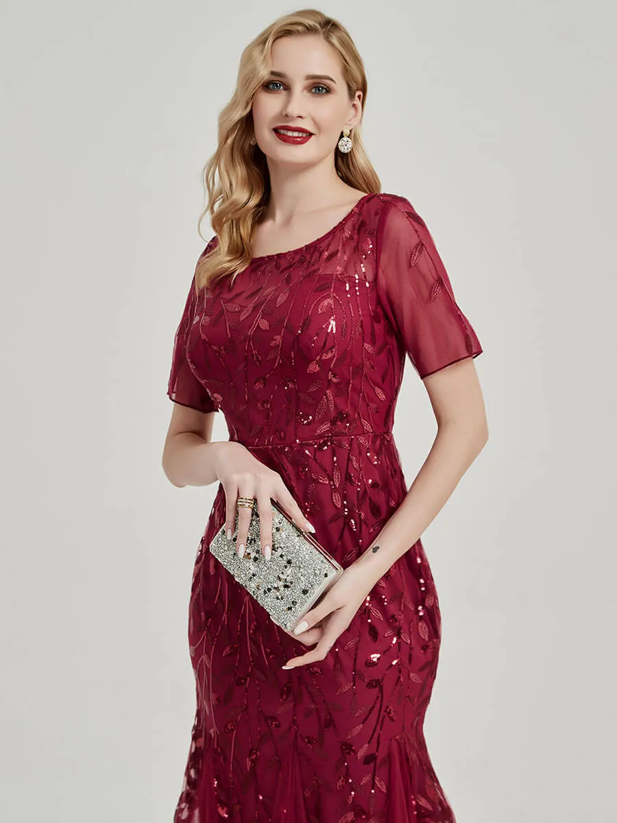 [Final Sale] Burgundy Sheer Sleeves Floor Length Sequin Tulle Mermaid Evening Dress