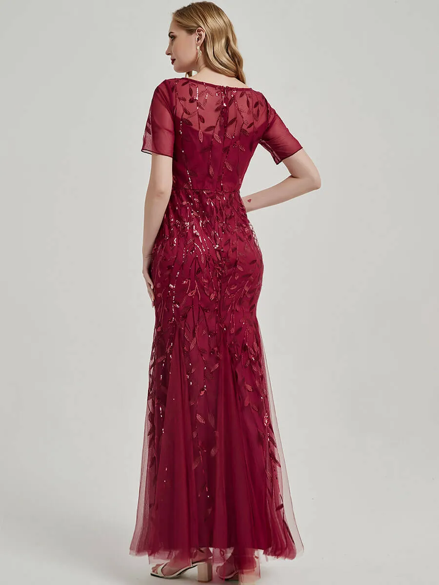 [Final Sale] Burgundy Sheer Sleeves Floor Length Sequin Tulle Mermaid Evening Dress
