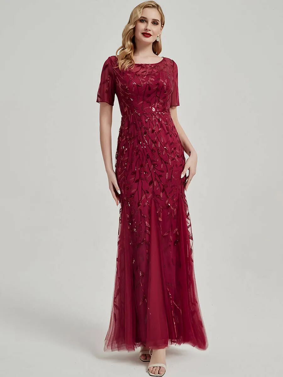 [Final Sale] Burgundy Sheer Sleeves Floor Length Sequin Tulle Mermaid Evening Dress