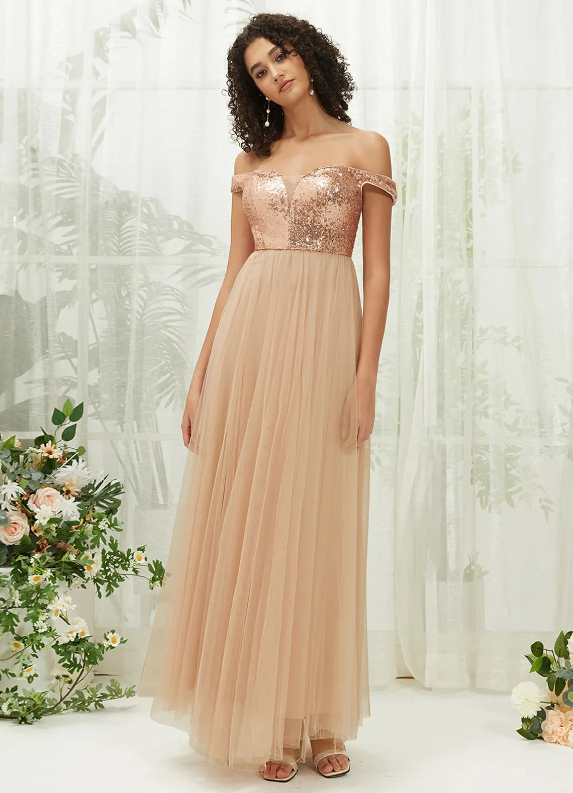 [Final Sale] Champagne Gold Sequin Tulle Off-Shoulder Maxi Flowy Bridesmaid Dress