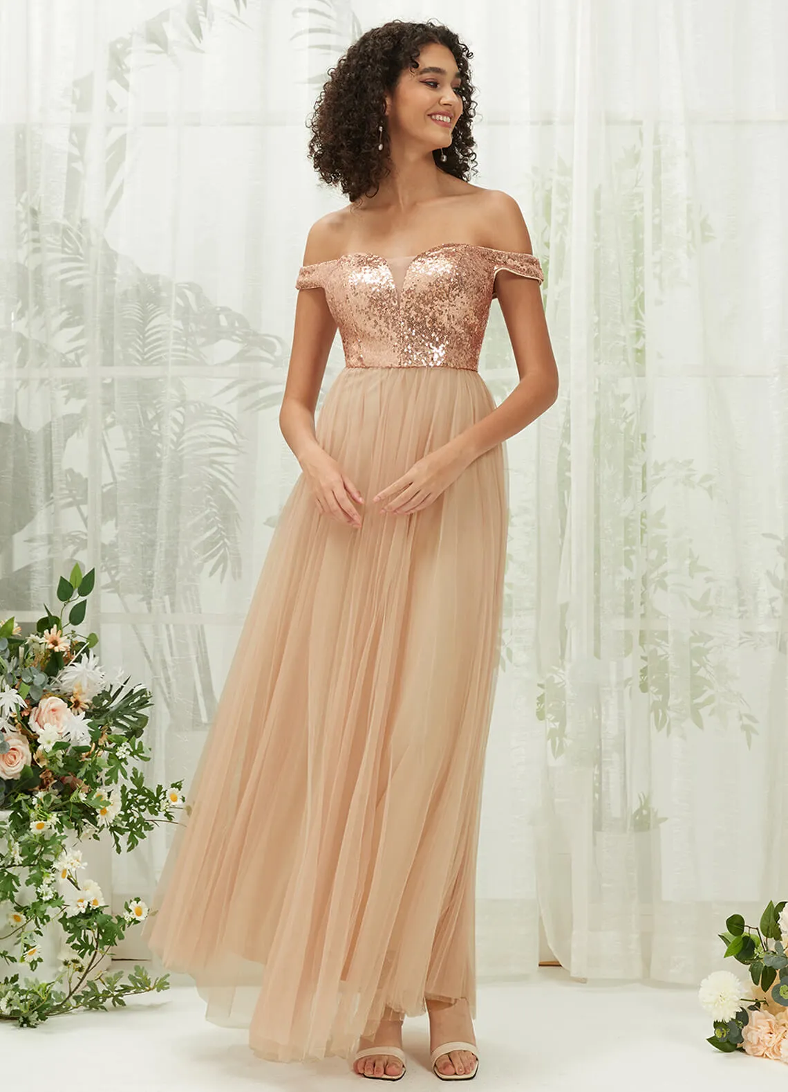 [Final Sale] Champagne Gold Sequin Tulle Off-Shoulder Maxi Flowy Bridesmaid Dress