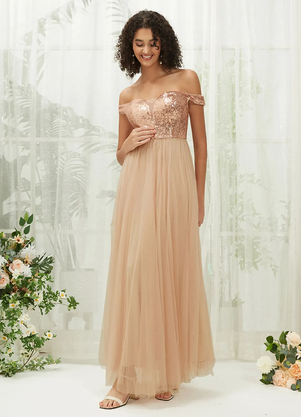[Final Sale] Champagne Gold Sequin Tulle Off-Shoulder Maxi Flowy Bridesmaid Dress