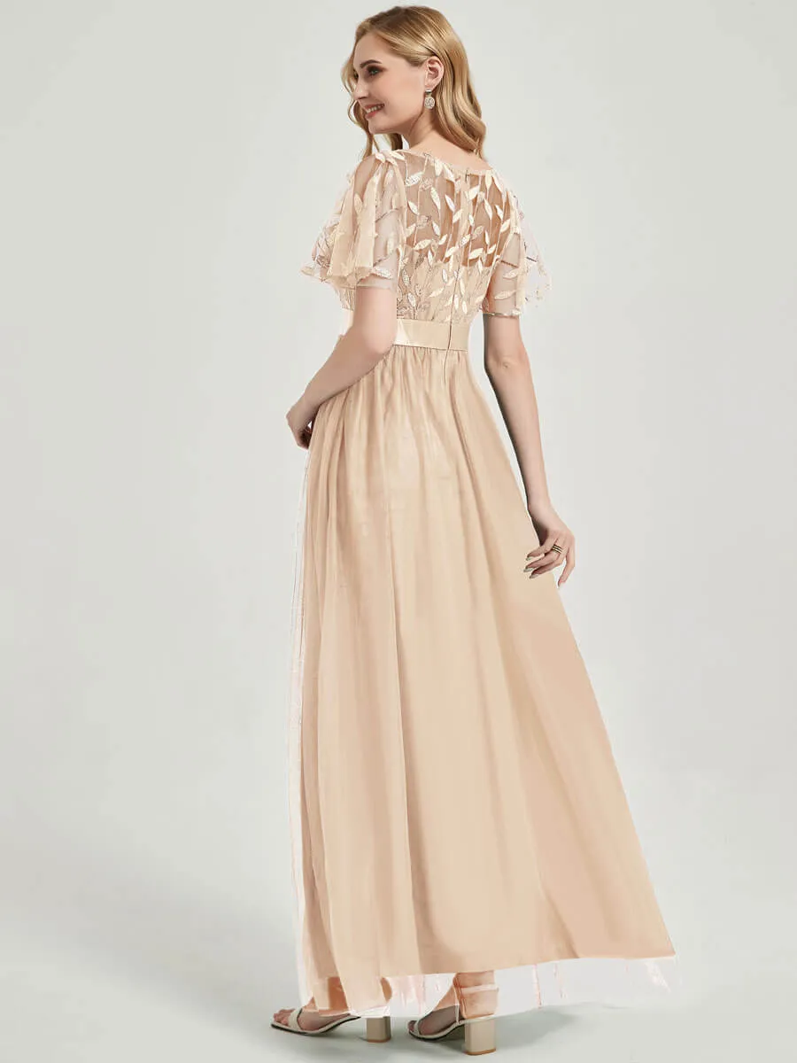 [Final Sale] Champagne Sheer Sleeve A-Line Floor Length Sequin Formal Dress For Brides