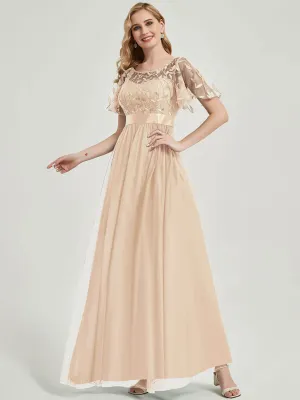 [Final Sale] Champagne Sheer Sleeve A-Line Floor Length Sequin Formal Dress For Brides