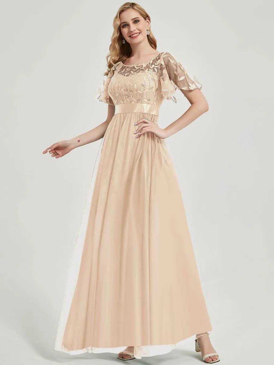 [Final Sale] Champagne Sheer Sleeve A-Line Floor Length Sequin Formal Dress For Brides