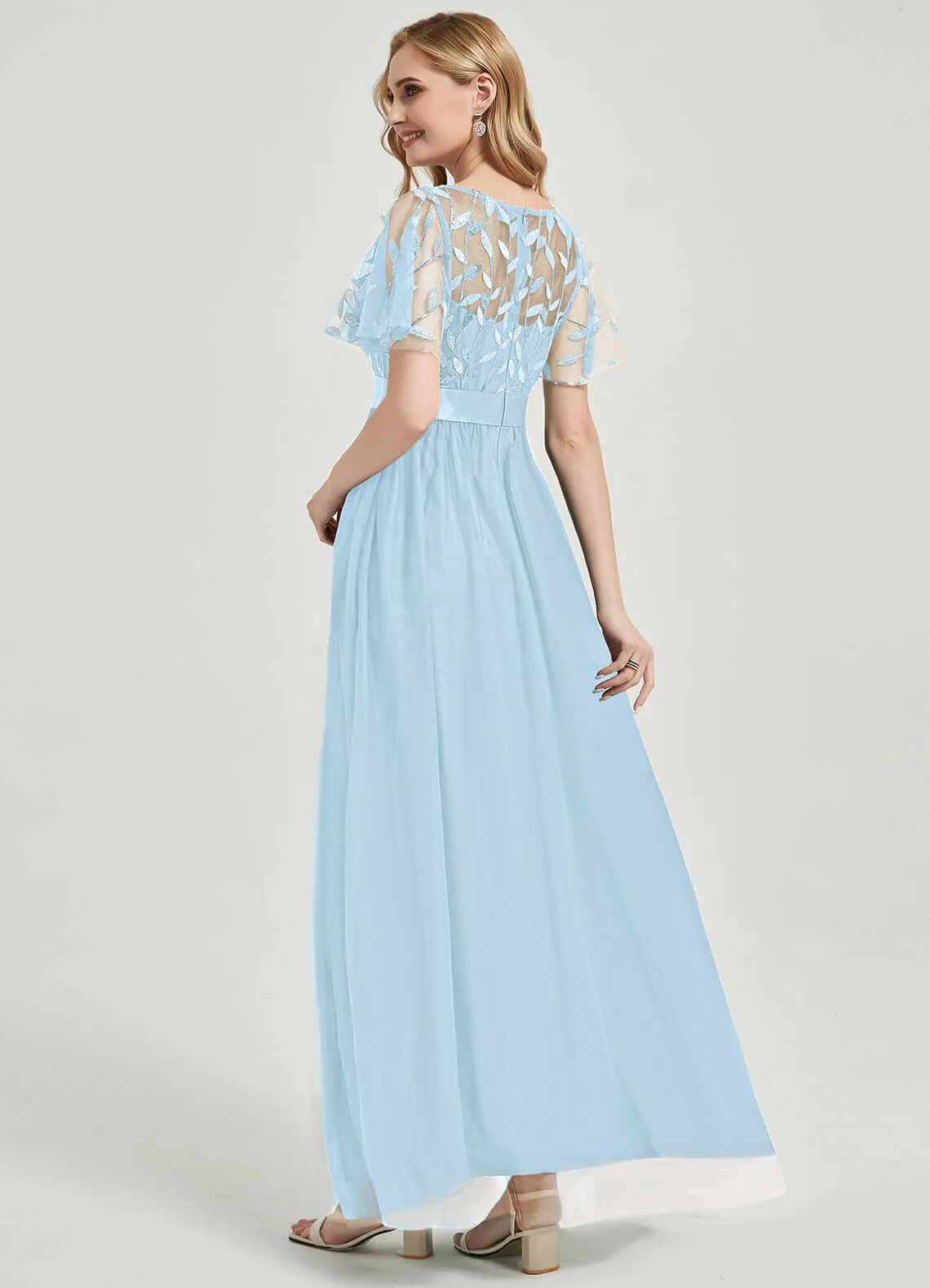 [Final Sale] Cornflower Blue Sheer Sleeve A-Line Floor Length Sequin Formal Dress For Brides