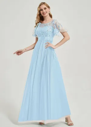 [Final Sale] Cornflower Blue Sheer Sleeve A-Line Floor Length Sequin Formal Dress For Brides