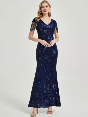 [Final Sale] Dark Navy Beading Sleeves Sequin Mermaid Formal Gown