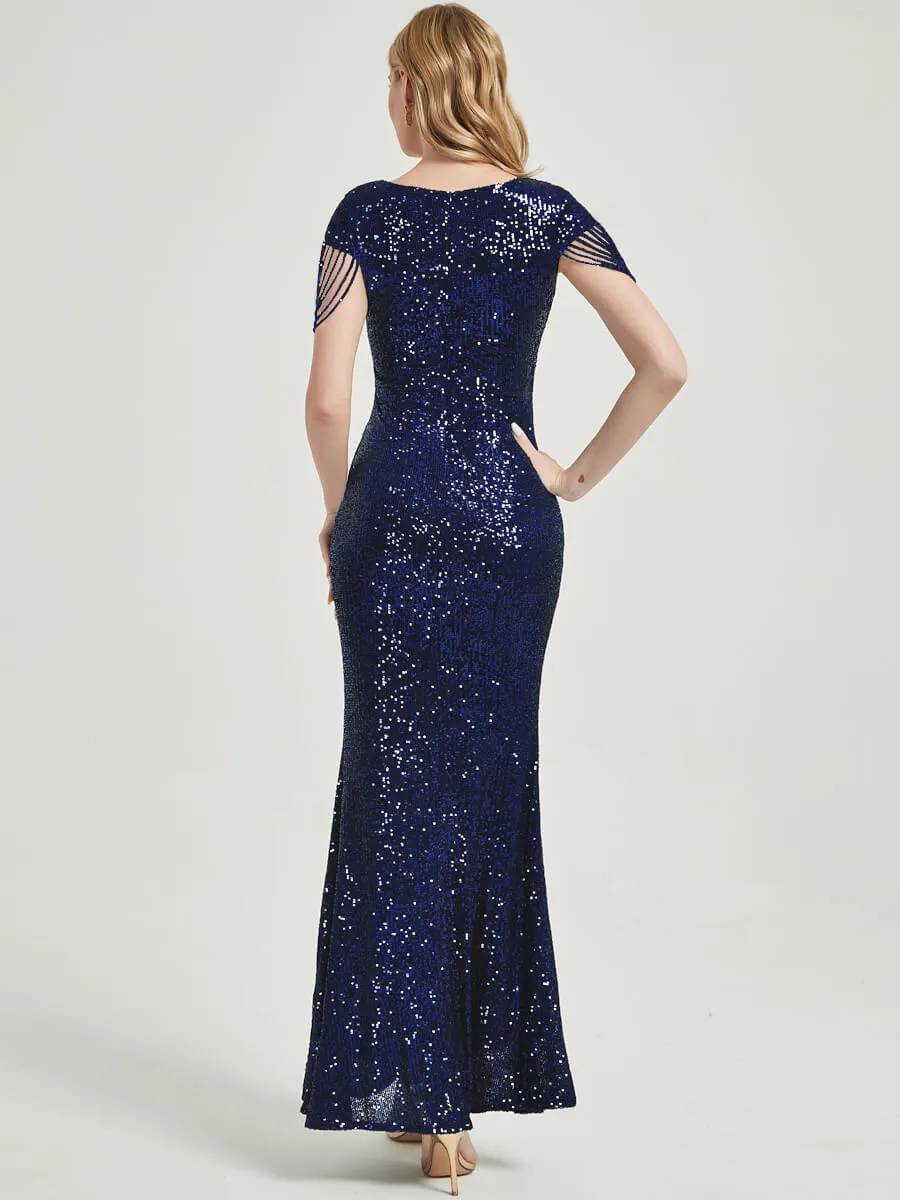[Final Sale] Dark Navy Beading Sleeves Sequin Mermaid Formal Gown