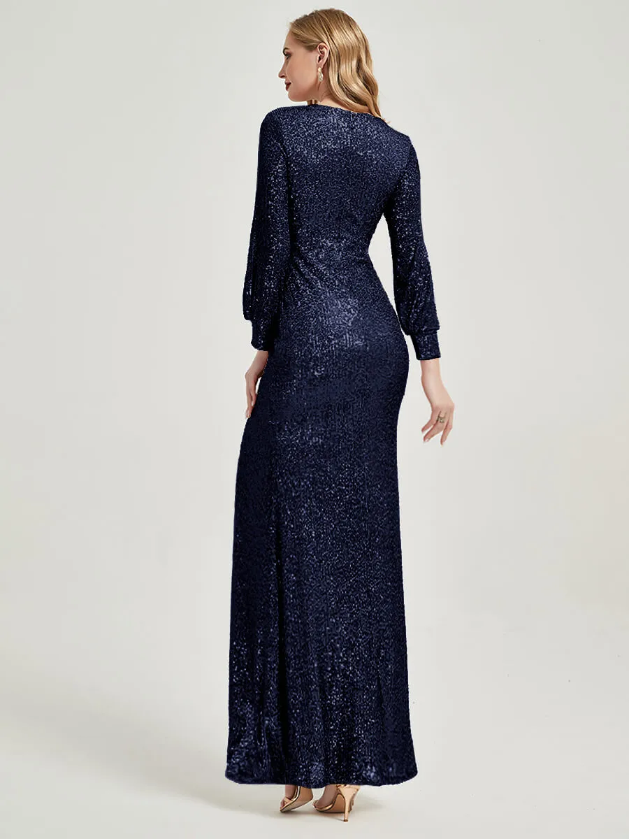 [Final Sale] Dark Navy Sequin Long Sleeves Maxi Mermaid Evening Dress With Slit