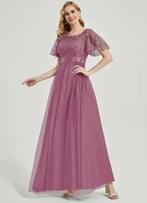 [Final Sale] Dusty Rose Sheer Sleeve A-Line Floor Length Sequin Formal Dress For Brides