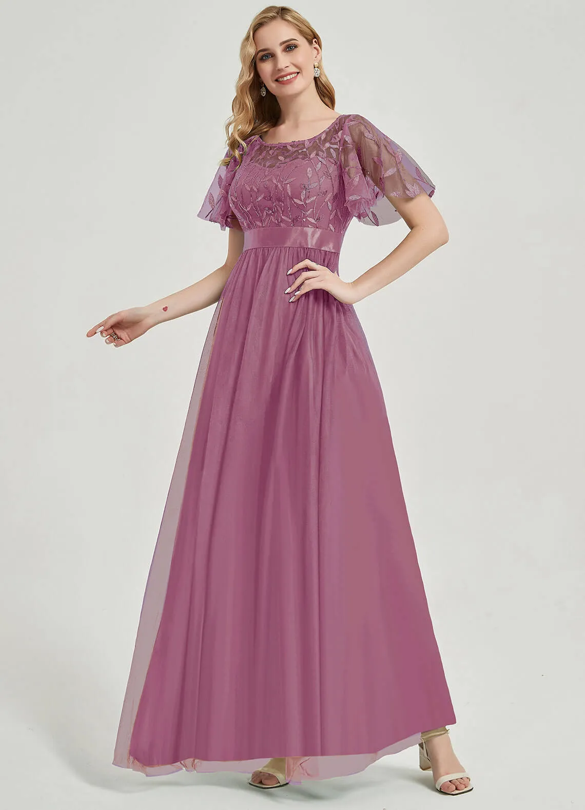 [Final Sale] Dusty Rose Sheer Sleeve A-Line Floor Length Sequin Formal Dress For Brides