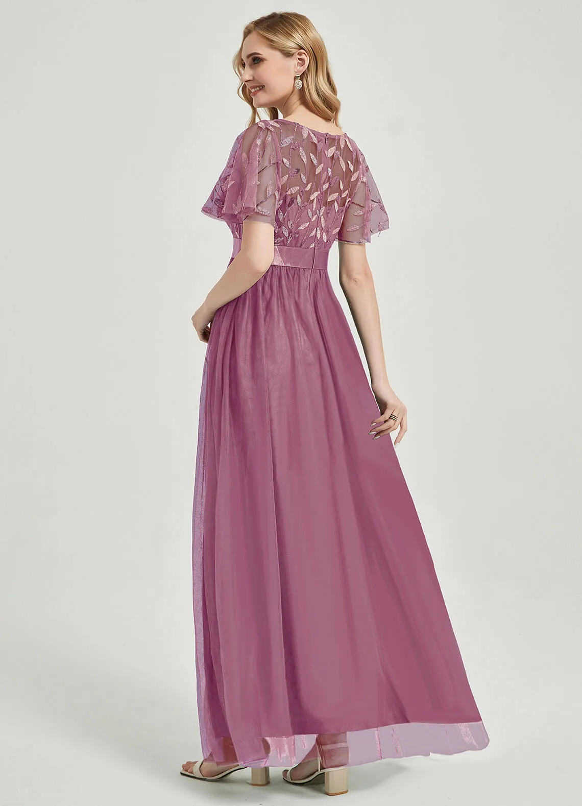 [Final Sale] Dusty Rose Sheer Sleeve A-Line Floor Length Sequin Formal Dress For Brides