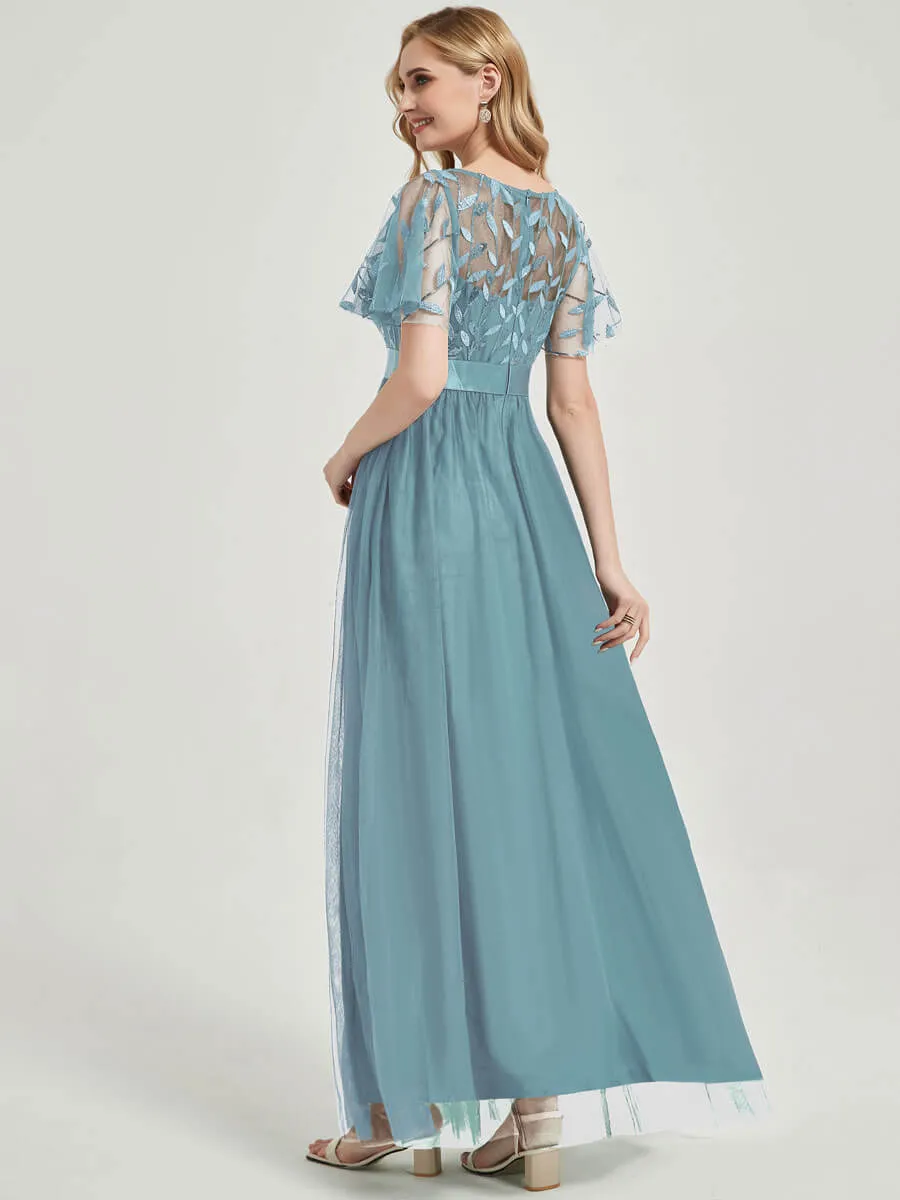 [Final Sale] Moody Blue Sheer Sleeve A-Line Floor Length Sequin Formal Dress For Brides