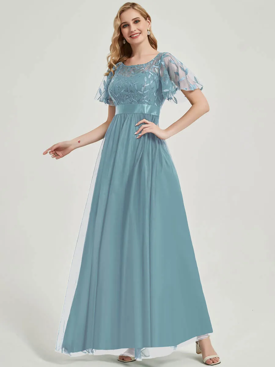 [Final Sale] Moody Blue Sheer Sleeve A-Line Floor Length Sequin Formal Dress For Brides