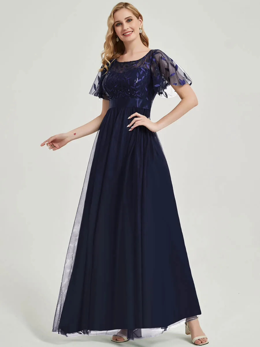 [Final Sale] Navy Blue Sheer Sleeve A-Line Maxi Sequin Formal Dress For Brides