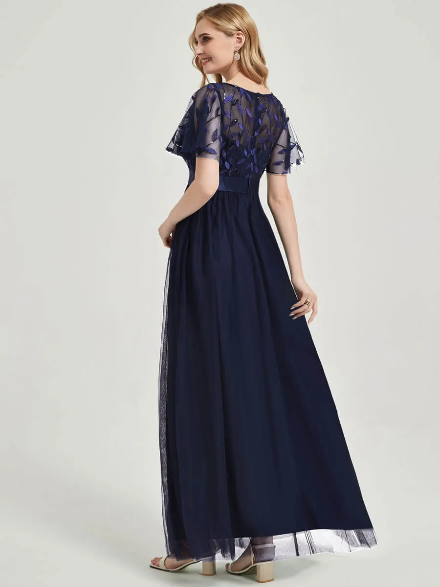 [Final Sale] Navy Blue Sheer Sleeve A-Line Maxi Sequin Formal Dress For Brides