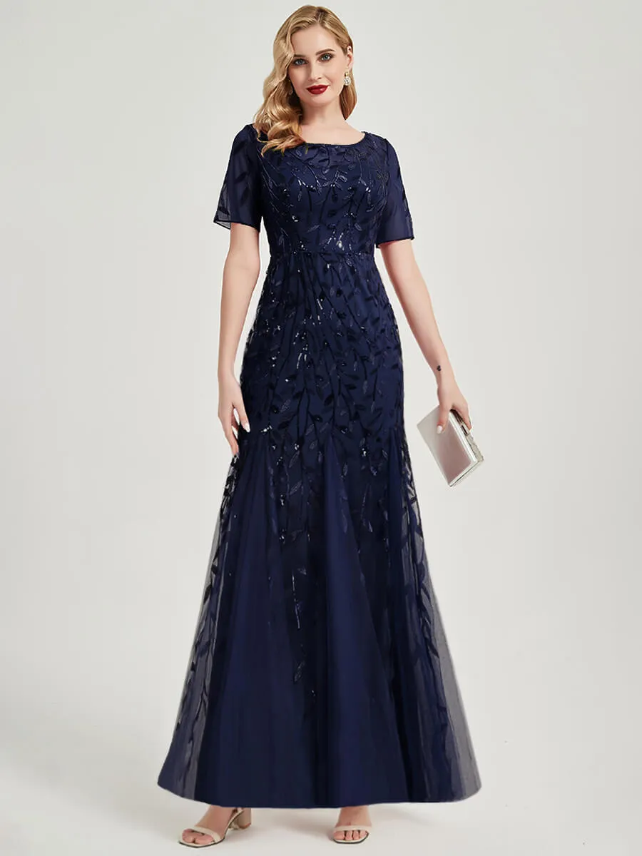 [Final Sale] Navy Blue Sheer Sleeve Floor Length Sequin Tulle Mermaid Formal Dress