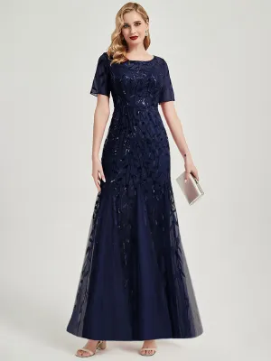 [Final Sale] Navy Blue Sheer Sleeve Floor Length Sequin Tulle Mermaid Formal Dress